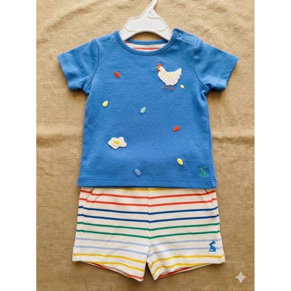 Joules Baby outfit 2-Piece Set: Chicken Tee Rainbow Striped Shorts, 6-9 Months